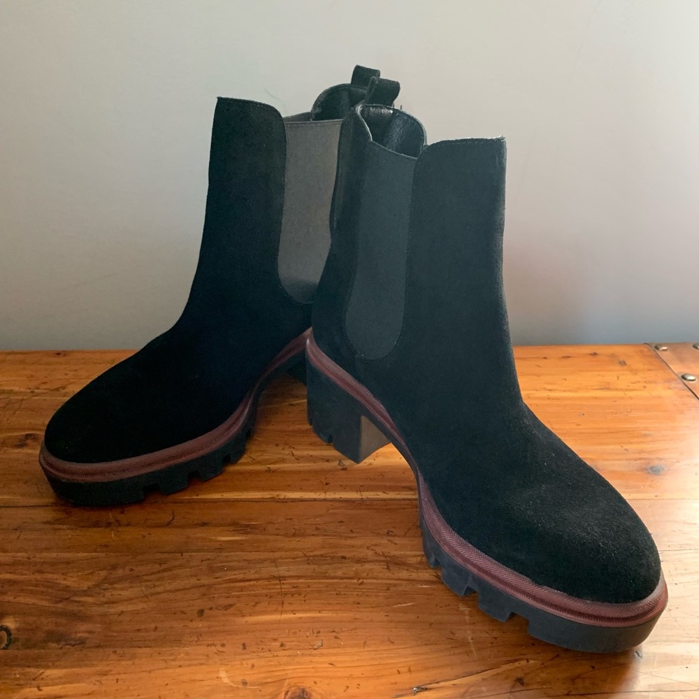 Antonio de Faria Black Leather Suede Pull On Chelsea Chunky Heel Fall Boot 9 1/2 - Picture 3 of 15